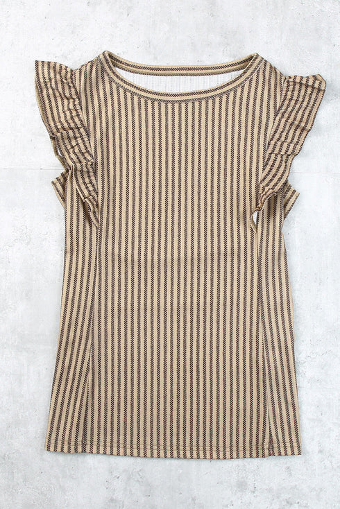 Charming Striped Crew Neck Ruffled Detail Sleeveless Summer Tank Top