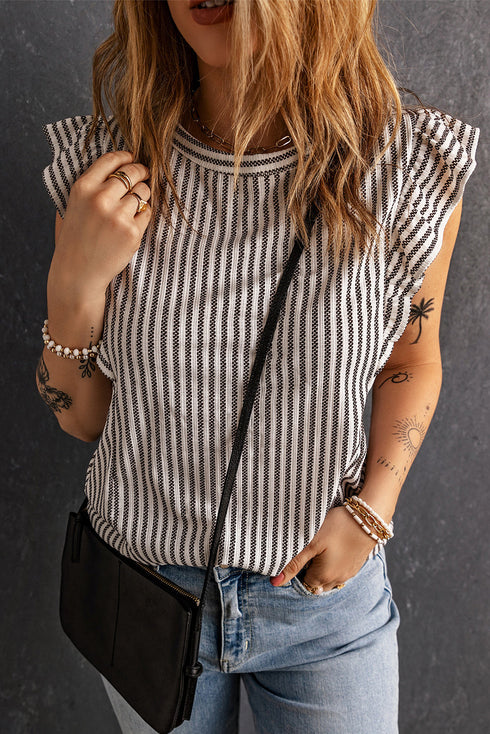 Charming Striped Crew Neck Ruffled Detail Sleeveless Summer Tank Top