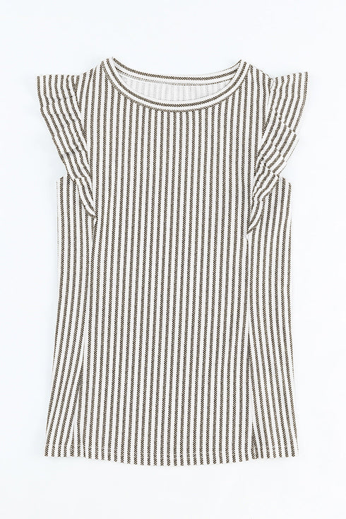 Charming Striped Crew Neck Ruffled Detail Sleeveless Summer Tank Top