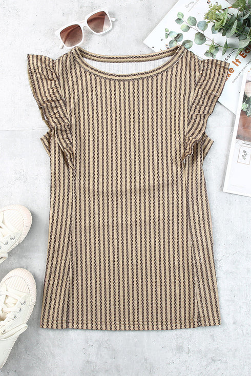 Charming Striped Crew Neck Ruffled Detail Sleeveless Summer Tank Top