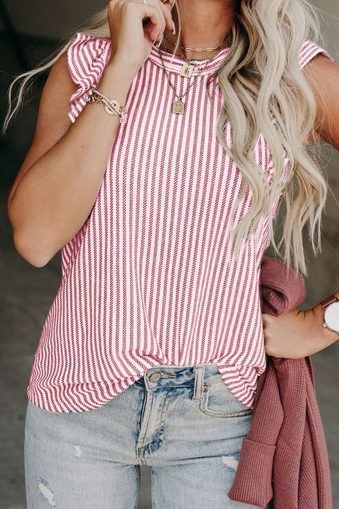 Charming Striped Crew Neck Ruffled Detail Sleeveless Summer Tank Top