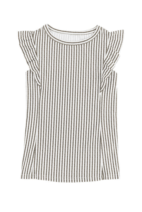 Charming Striped Crew Neck Ruffled Detail Sleeveless Summer Tank Top