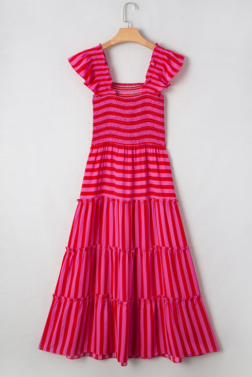 Charming Striped Flutter Sleeve Smocked Bodice Tiered Ricrac Trim Maxi Dress