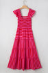 Charming Striped Flutter Sleeve Smocked Bodice Tiered Ricrac Trim Maxi Dress
