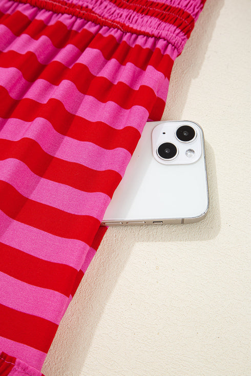 Charming Striped Flutter Sleeve Smocked Bodice Tiered Ricrac Trim Maxi Dress