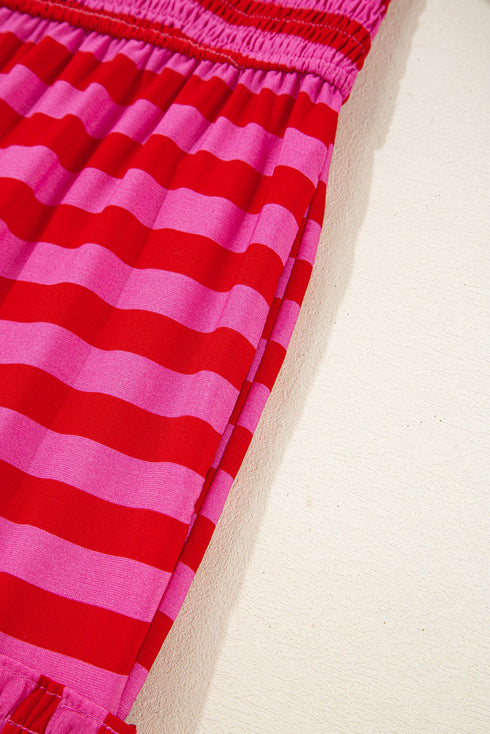 Charming Striped Flutter Sleeve Smocked Bodice Tiered Ricrac Trim Maxi Dress