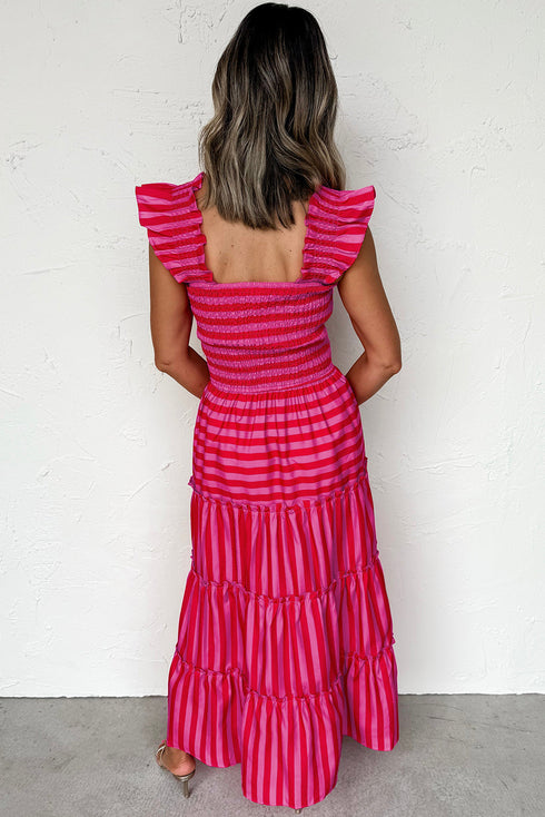 Charming Striped Flutter Sleeve Smocked Bodice Tiered Ricrac Trim Maxi Dress