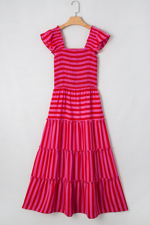 Charming Striped Flutter Sleeve Smocked Bodice Tiered Ricrac Trim Maxi Dress