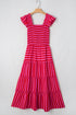 Charming Striped Flutter Sleeve Smocked Bodice Tiered Ricrac Trim Maxi Dress