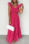 Charming Striped Flutter Sleeve Smocked Bodice Tiered Ricrac Trim Maxi Dress