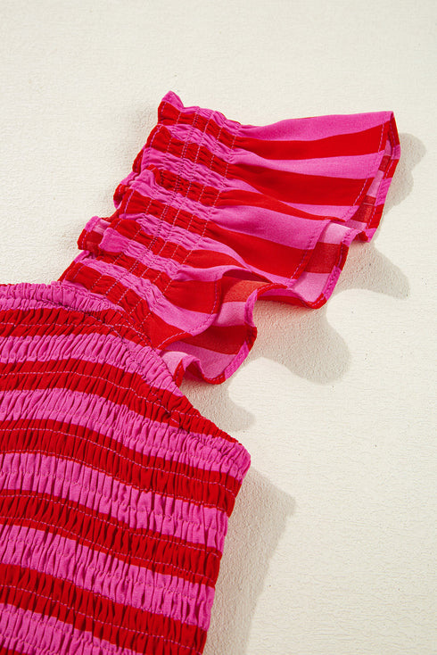 Charming Striped Flutter Sleeve Smocked Bodice Tiered Ricrac Trim Maxi Dress