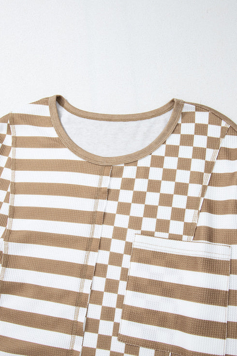 Checkerboard And Striped Patchwork Lantern Sleeve Shirt