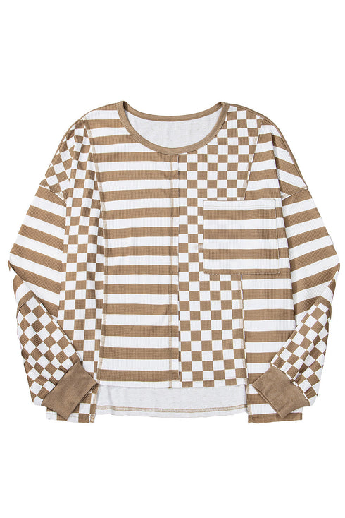 Checkerboard And Striped Patchwork Lantern Sleeve Shirt