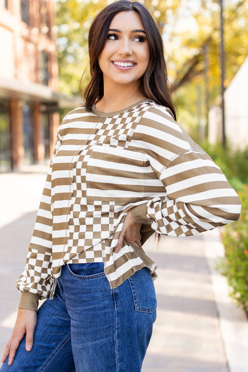 Checkerboard And Striped Patchwork Lantern Sleeve Shirt