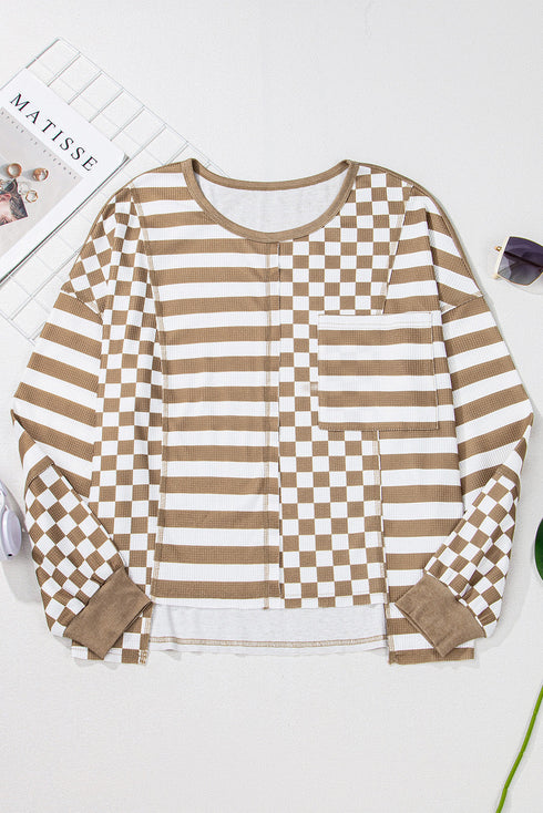 Checkerboard And Striped Patchwork Lantern Sleeve Shirt