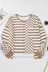 Checkerboard And Striped Patchwork Lantern Sleeve Shirt