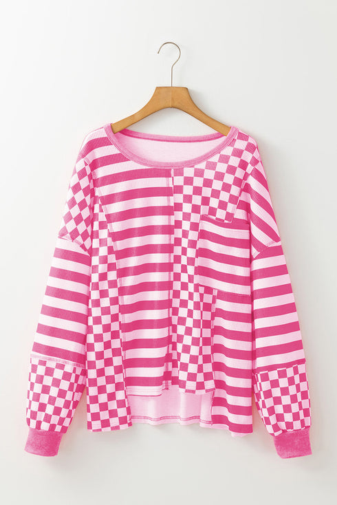 Checkerboard And Striped Patchwork Lantern Sleeve Shirt