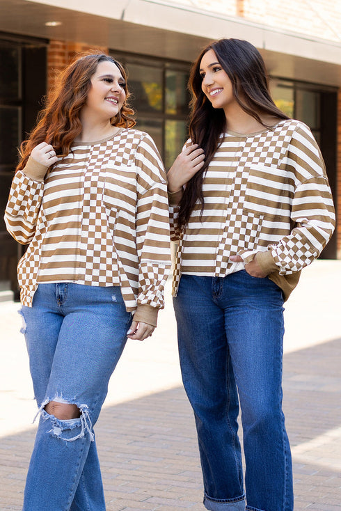 Checkerboard And Striped Patchwork Lantern Sleeve Shirt