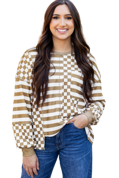 Checkerboard And Striped Patchwork Lantern Sleeve Shirt