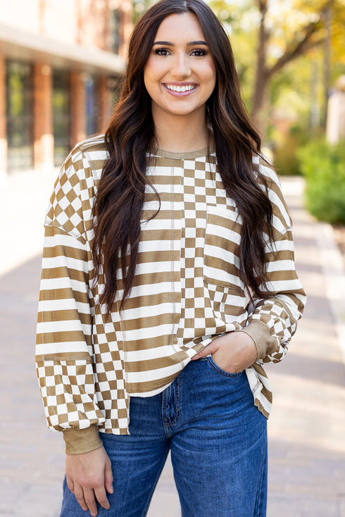Checkerboard And Striped Patchwork Lantern Sleeve Shirt
