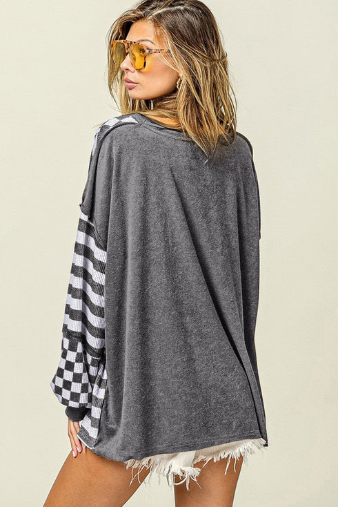 Checkerboard And Striped Patchwork Lantern Sleeve Shirt
