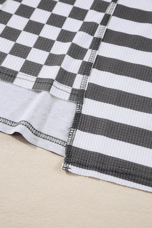 Checkerboard And Striped Patchwork Lantern Sleeve Shirt