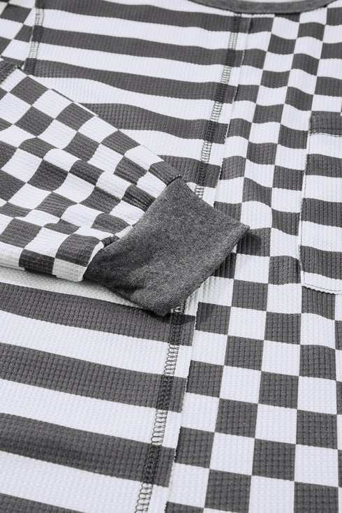 Checkerboard And Striped Patchwork Lantern Sleeve Shirt