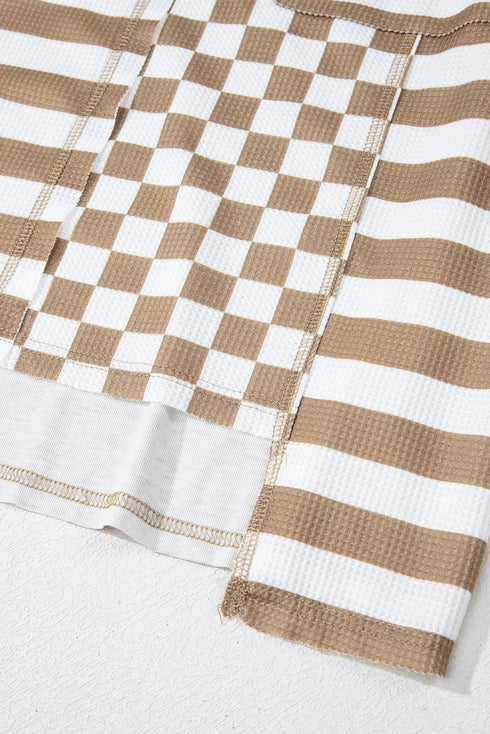 Checkerboard And Striped Patchwork Lantern Sleeve Shirt