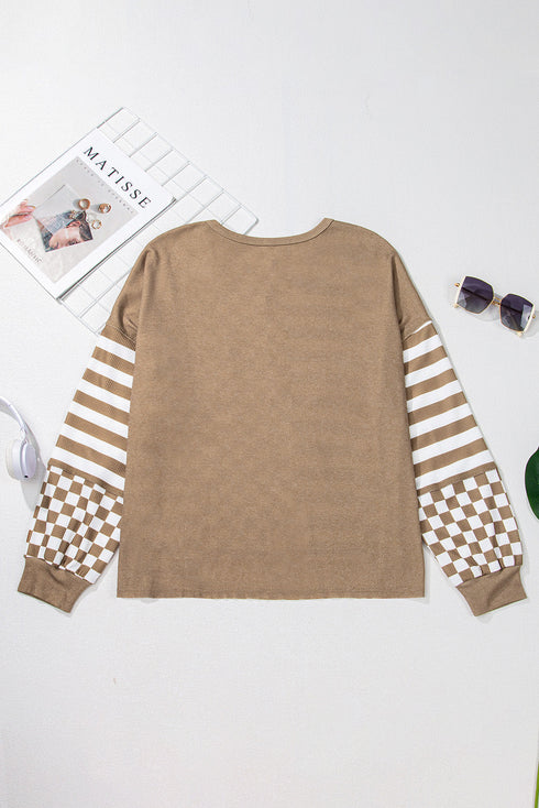Checkerboard And Striped Patchwork Lantern Sleeve Shirt