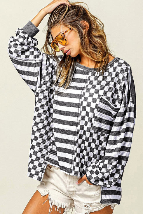 Checkerboard And Striped Patchwork Lantern Sleeve Shirt
