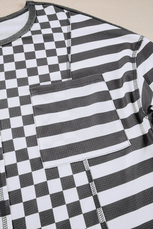 Checkerboard And Striped Patchwork Lantern Sleeve Shirt