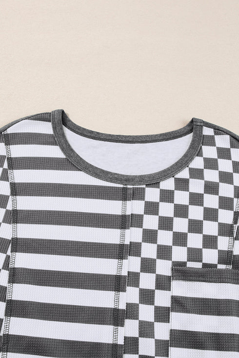 Checkerboard And Striped Patchwork Lantern Sleeve Shirt