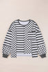 Checkerboard And Striped Patchwork Lantern Sleeve Shirt