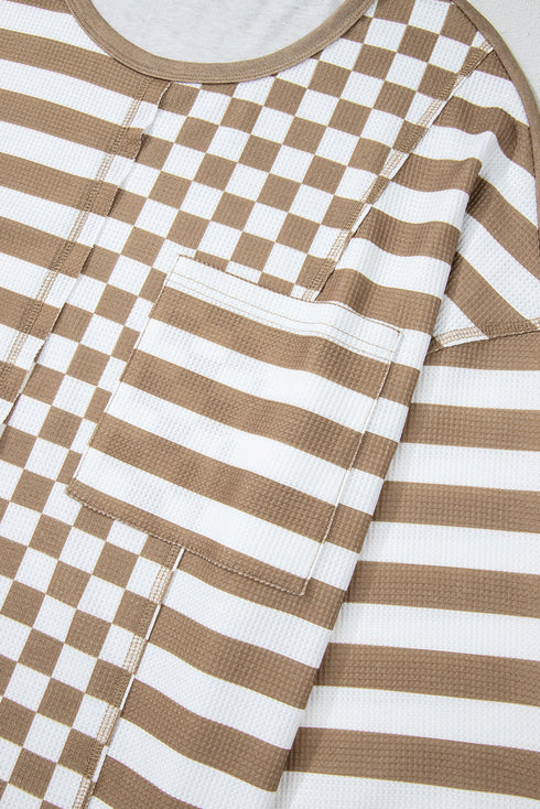 Checkerboard And Striped Patchwork Lantern Sleeve Shirt