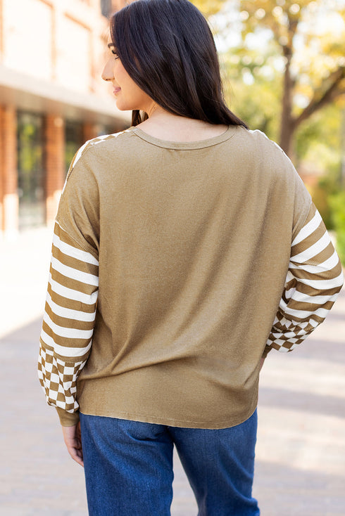 Checkerboard And Striped Patchwork Lantern Sleeve Shirt