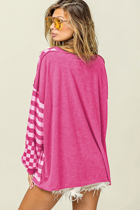 Checkerboard And Striped Patchwork Lantern Sleeve Shirt