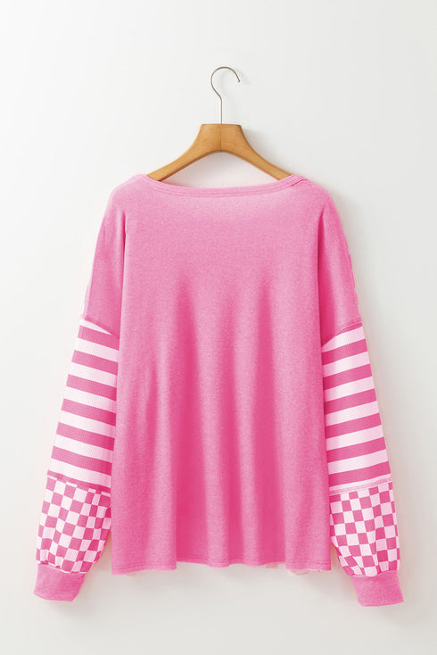 Checkerboard And Striped Patchwork Lantern Sleeve Shirt