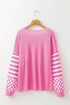 Checkerboard And Striped Patchwork Lantern Sleeve Shirt