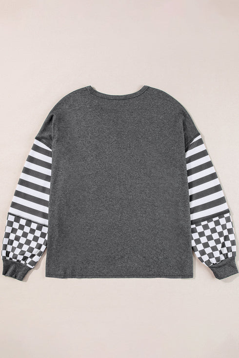 Checkerboard And Striped Patchwork Lantern Sleeve Shirt