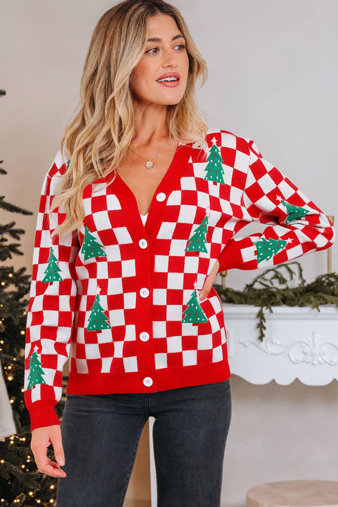 Checkerboard And Tree Motif Button Front Cardigan