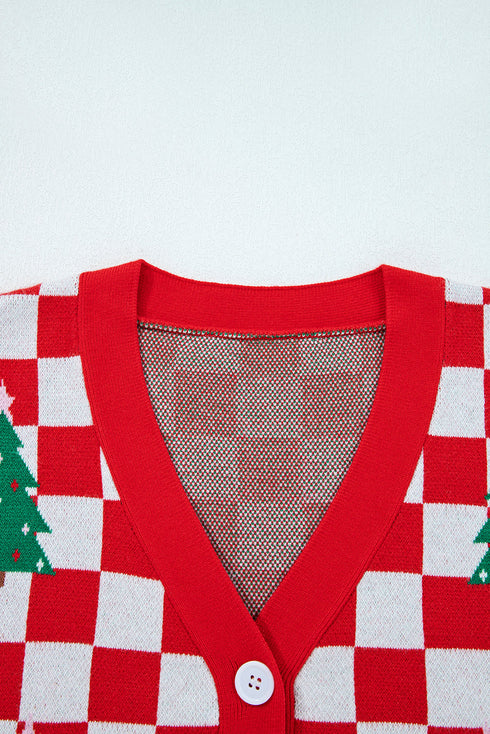 Checkerboard And Tree Motif Button Front Cardigan