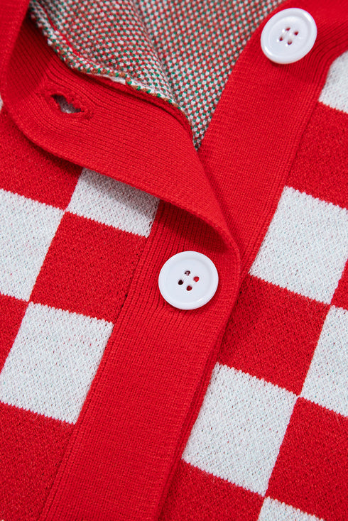 Checkerboard And Tree Motif Button Front Cardigan