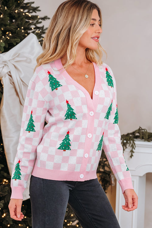 Checkerboard And Tree Motif Button Front Cardigan