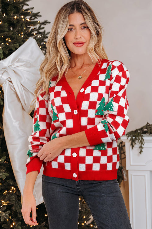 Checkerboard And Tree Motif Button Front Cardigan