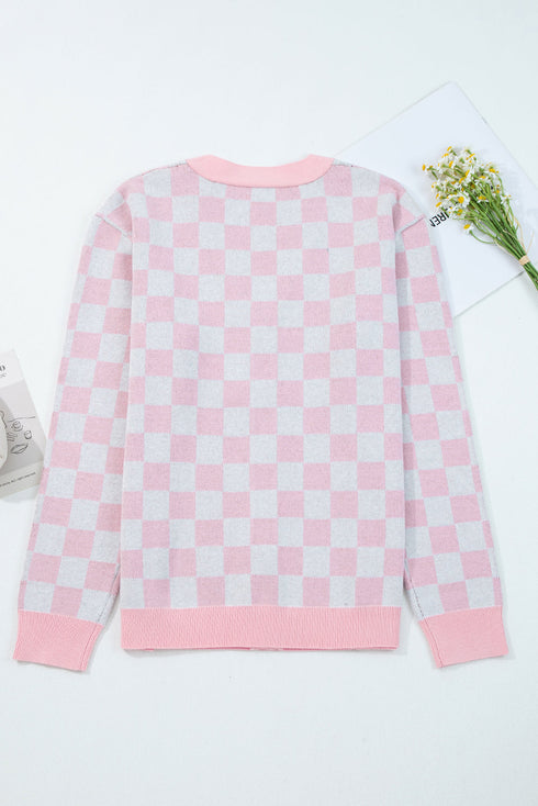 Checkerboard And Tree Motif Button Front Cardigan