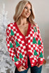 Checkerboard And Tree Motif Button Front Cardigan