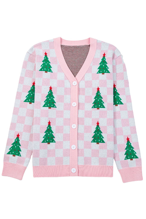 Checkerboard And Tree Motif Button Front Cardigan