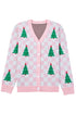 Checkerboard And Tree Motif Button Front Cardigan