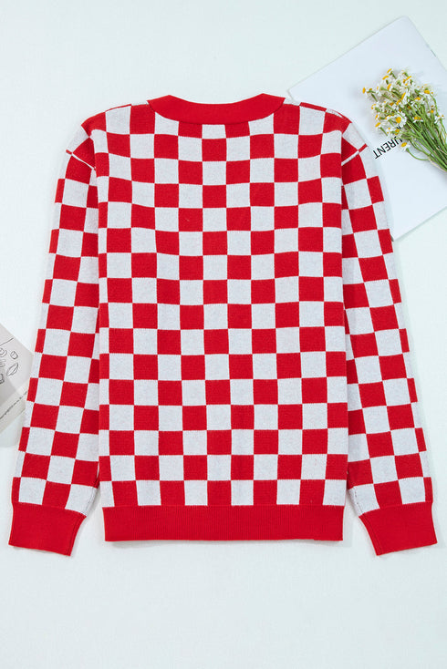 Checkerboard And Tree Motif Button Front Cardigan