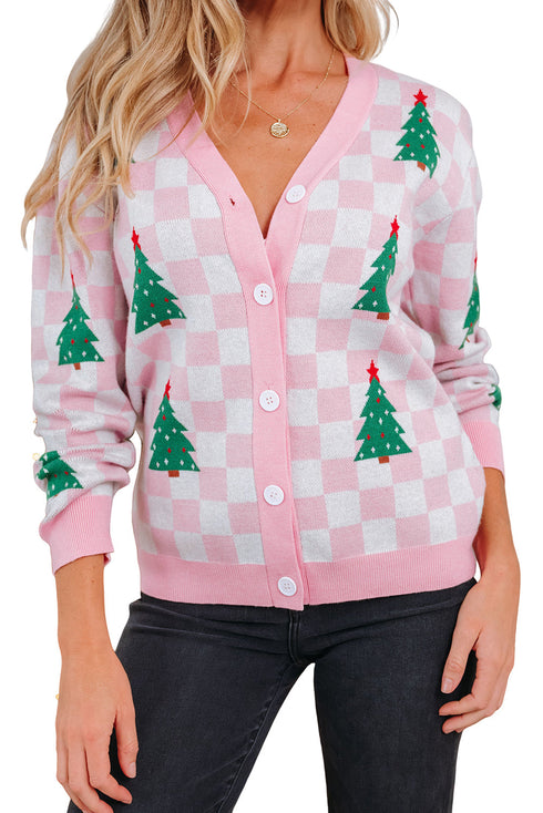 Checkerboard And Tree Motif Button Front Cardigan